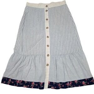 Madewell The New Denim Project Boho Striped Midi Skirt Button Front Floral Hem 8